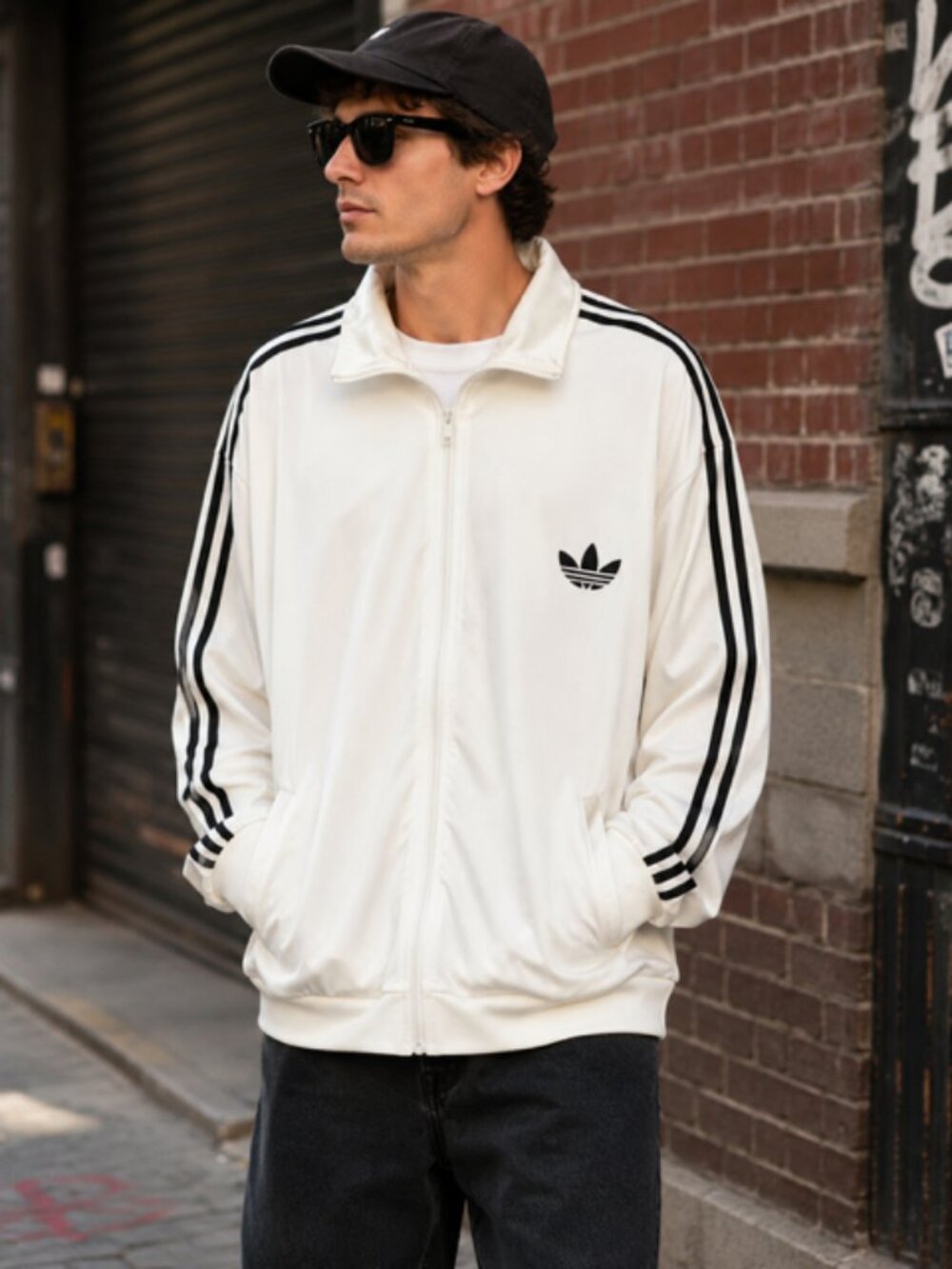 Adidas Originals Men’s 2XL White Black 3 Stripe Trefoil Full Zip Track Jacket